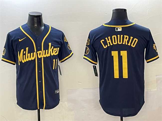 Men%27s Milwaukee Brewers #11 Jackson Chourio Navy With Home Patch Limited Stitched Jersey